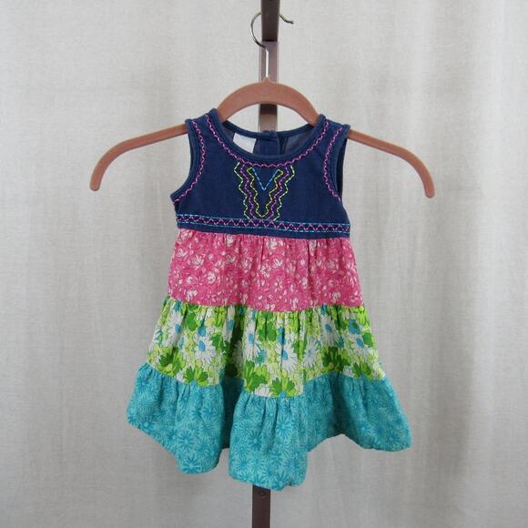 WonderKids 18M Multicolored Tiered Sleeveless Dress Denim and Floral Mixed Media - Picture 1 of 5